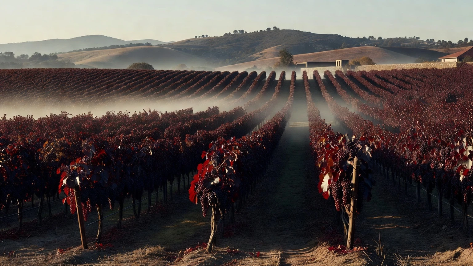Editorial illustration of an Oak Knoll vineyard at late afternoon, not a documentary view