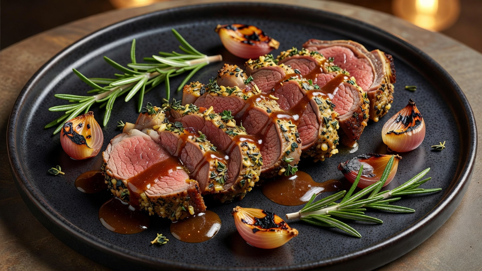 Grilled rack of lamb with demi-glace butter, food-only editorial image