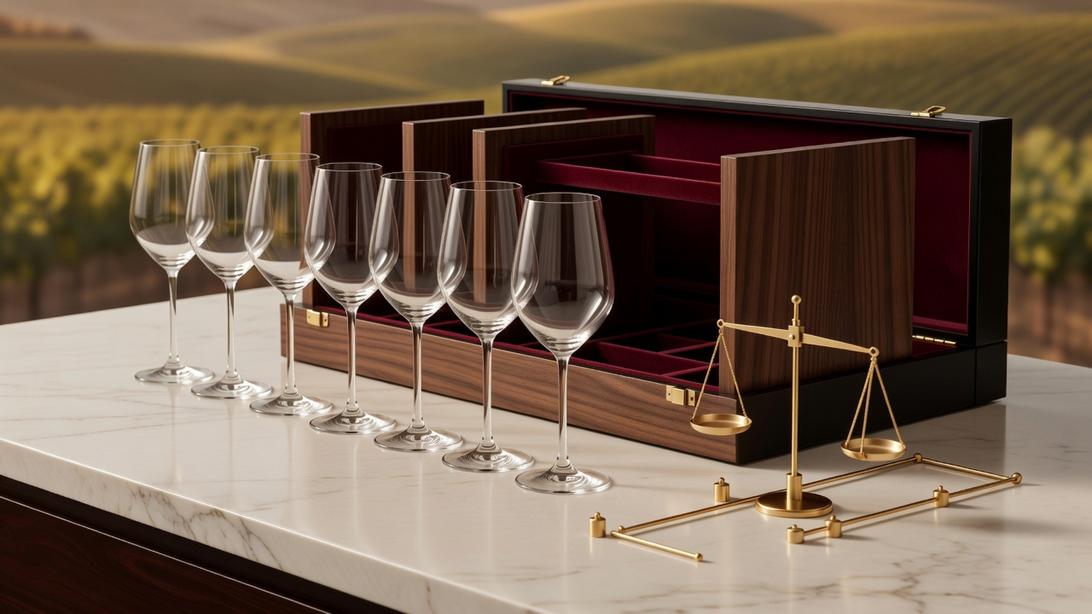 Editorial illustration of a premium wine market comparison, without branded packaging