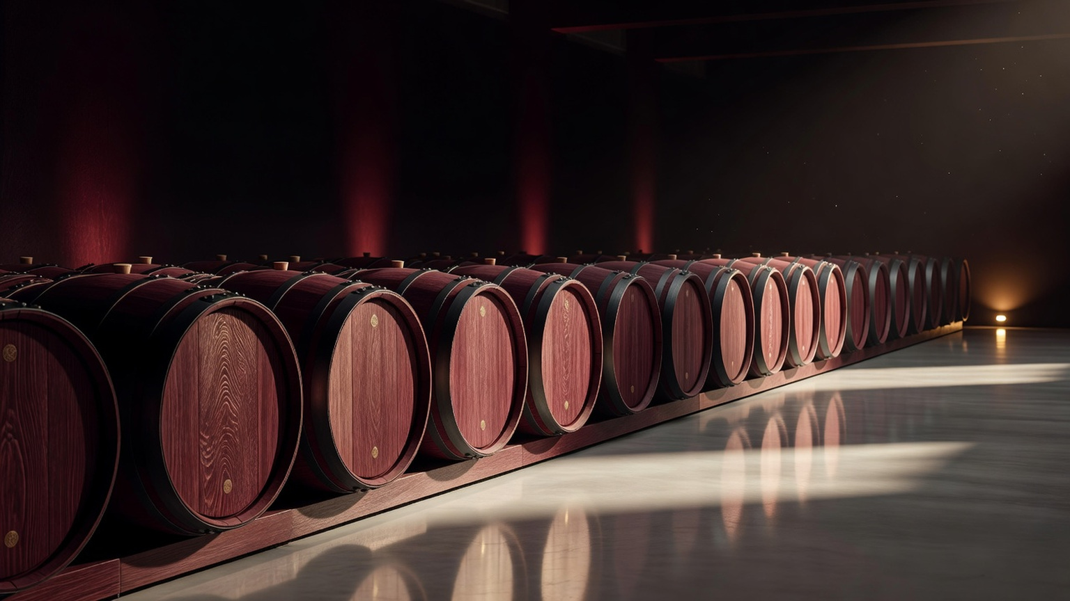 Editorial illustration of French oak barrels in a refined cellar, not a documentary view