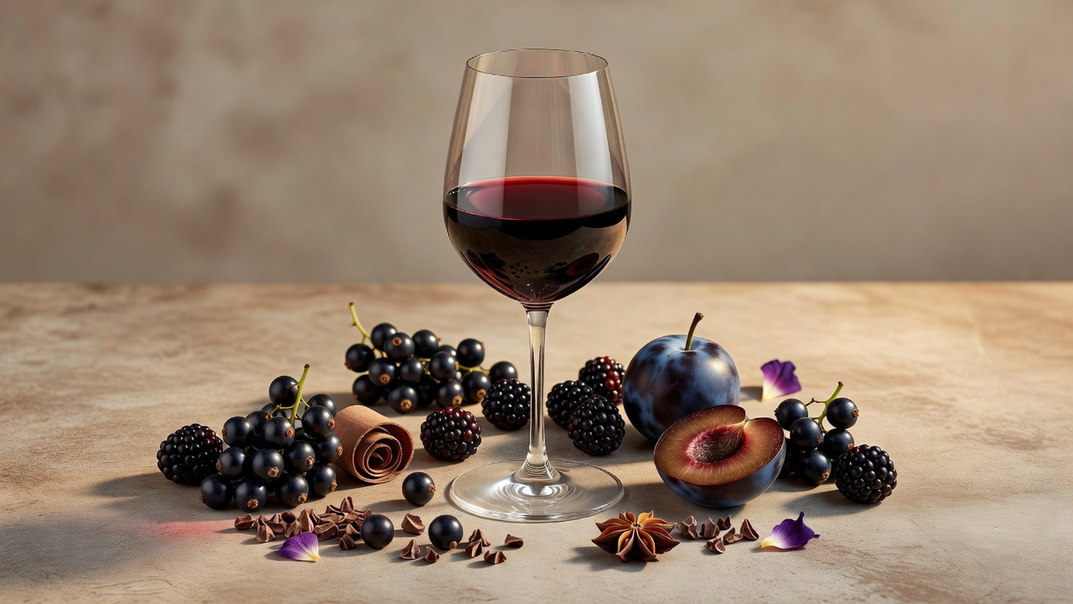 Editorial still life suggesting dark fruit, cedar, and spice, without bottle or packaging