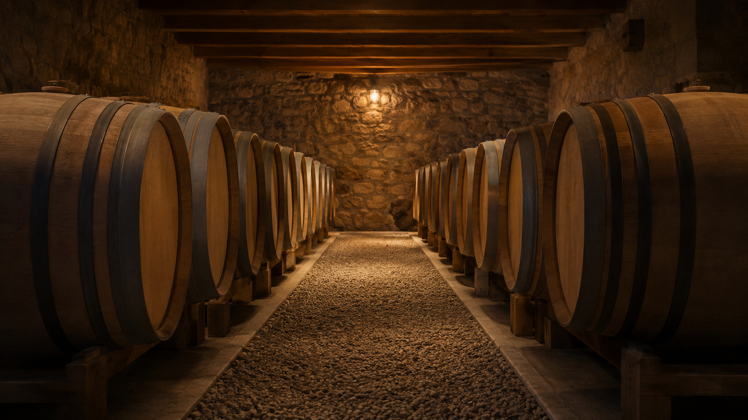 Illustrative oak-barrel cellar aisle