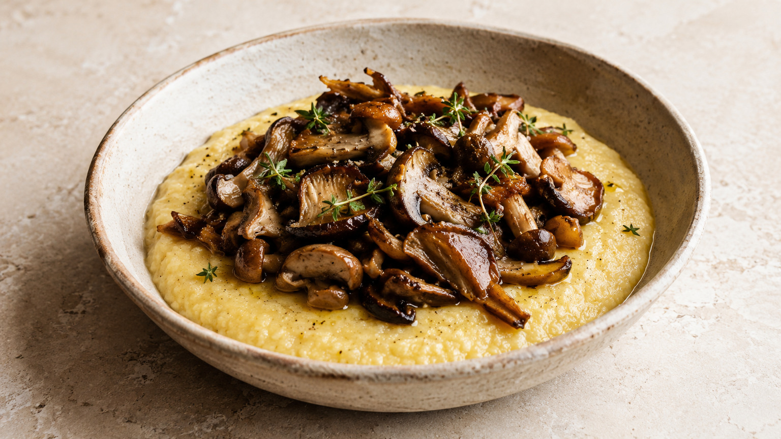Creamy polenta with roasted mushrooms and thyme