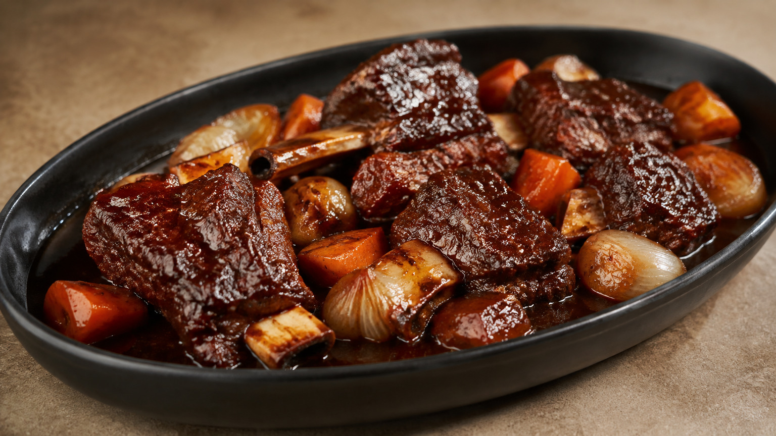 Red-wine-braised beef short ribs with carrots and onions