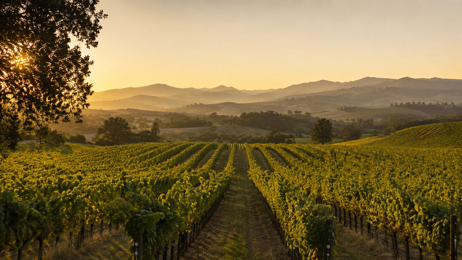 Illustrative vineyard landscape at sunrise