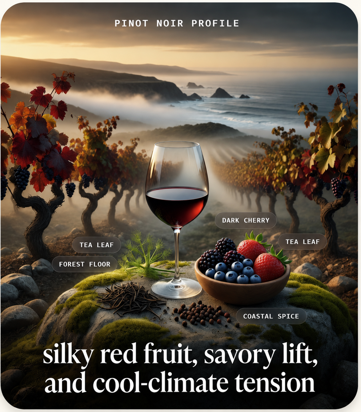 Pinot Noir tasting profile with coastal vineyard, wine glass, red fruit, tea leaf, forest floor, and coastal spice