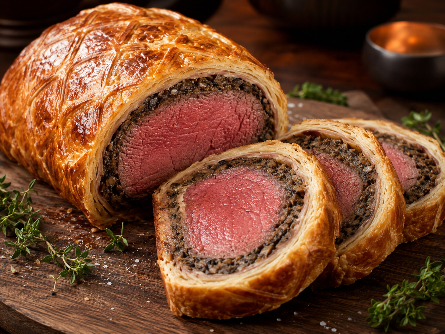 Beef Wellington with golden pastry and mushroom duxelles