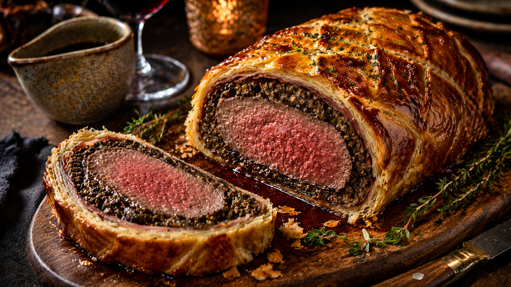 Beef Wellington with herbs and sauce