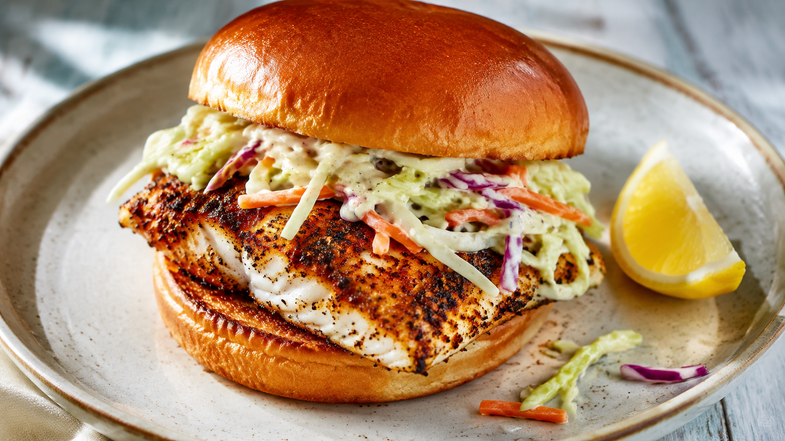 Blackened fish sandwich with creamy slaw