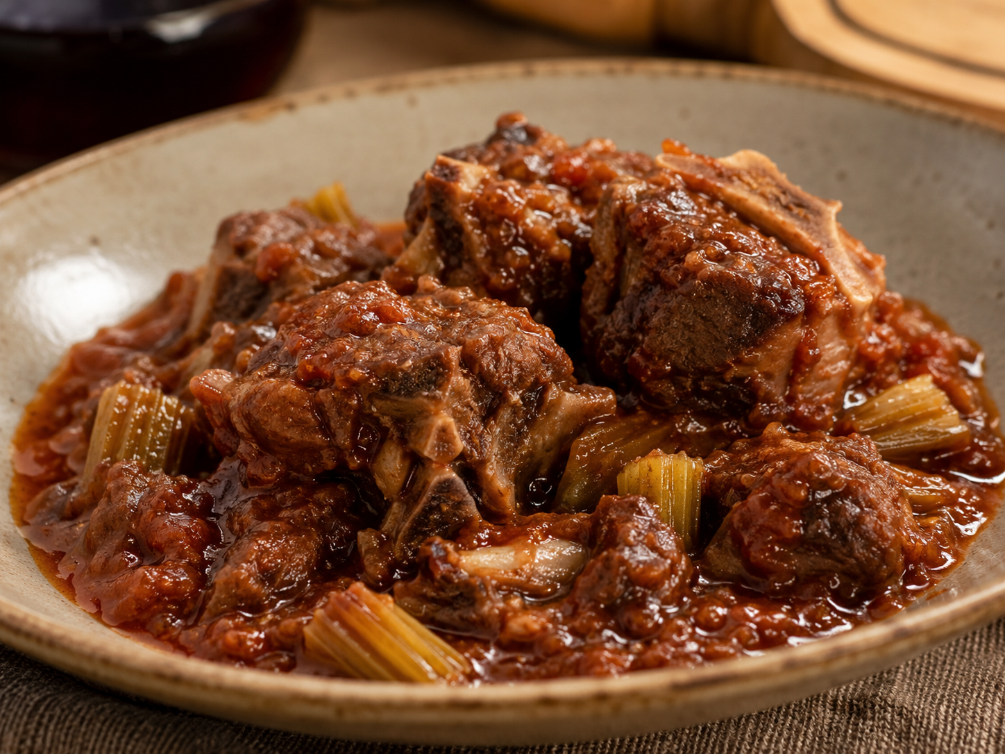 Coda alla Vaccinara Roman oxtail stew in rustic bowl