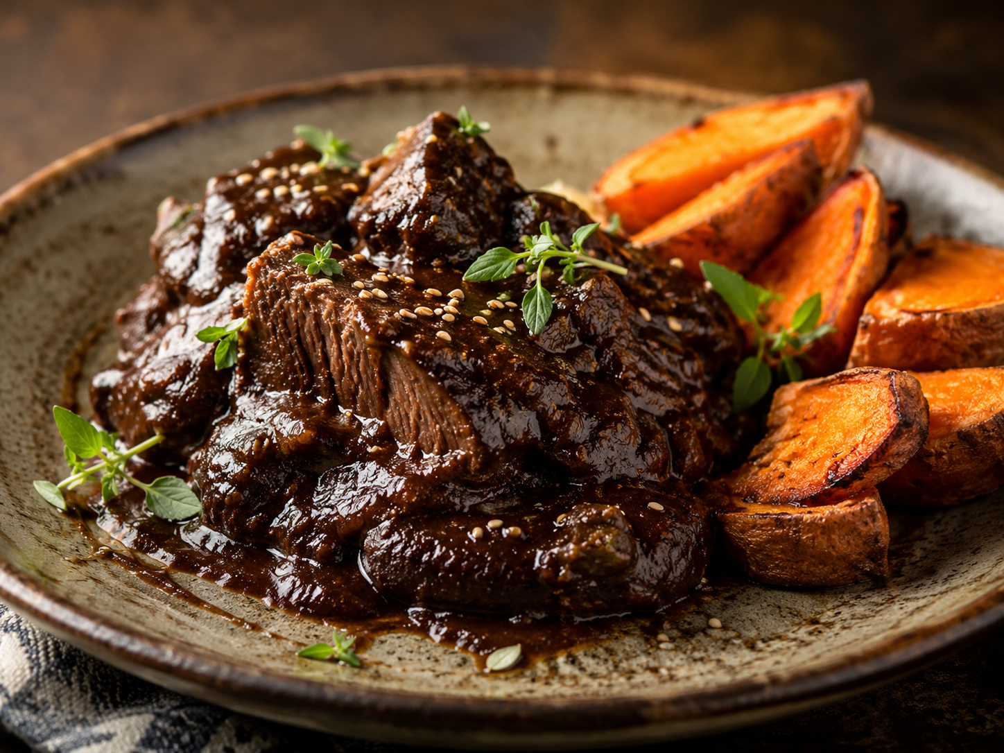 Dark chocolate-ancho beef mole with roasted sweet potatoes
