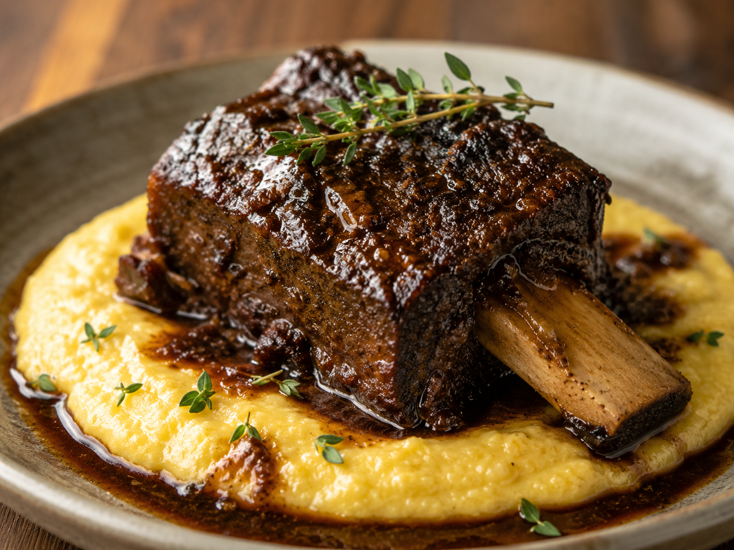 Coffee-cocoa braised short ribs with creamy polenta