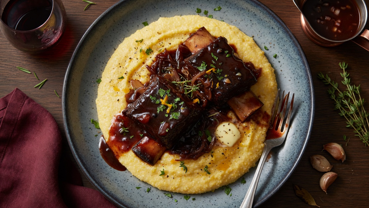 Cabernet-braised short ribs with polenta