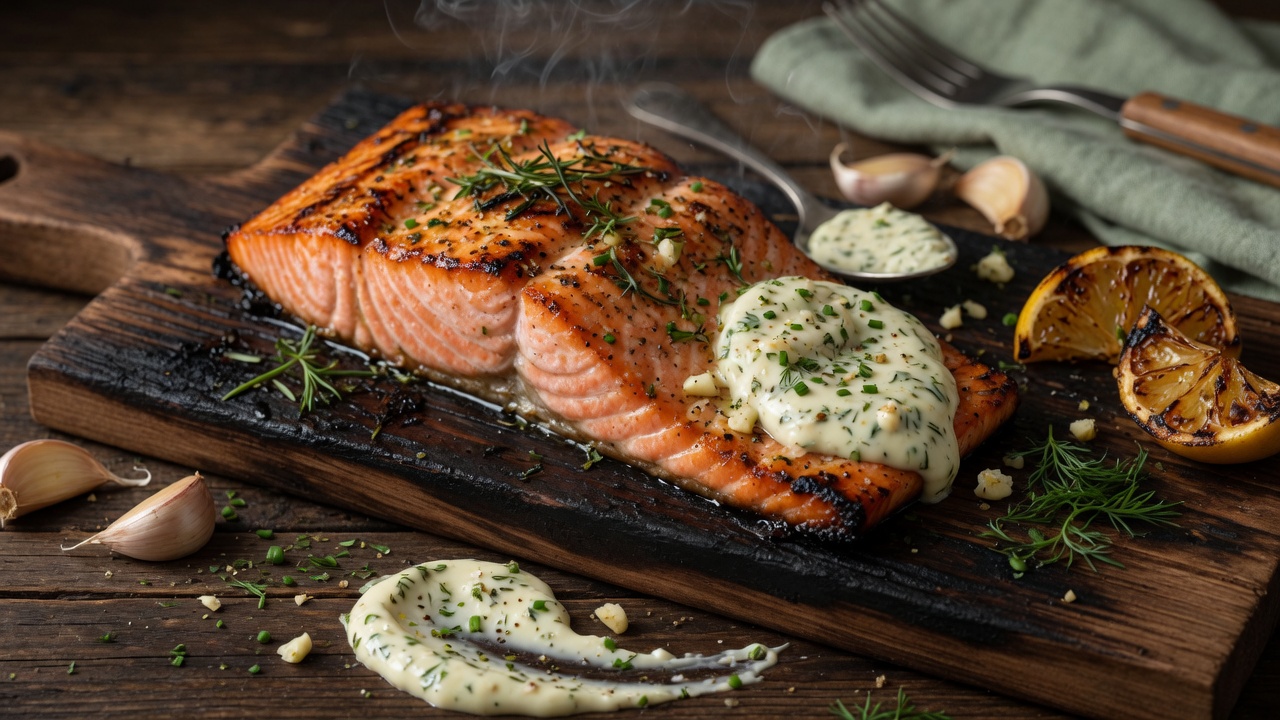 Cedar plank salmon with garlic herb aioli