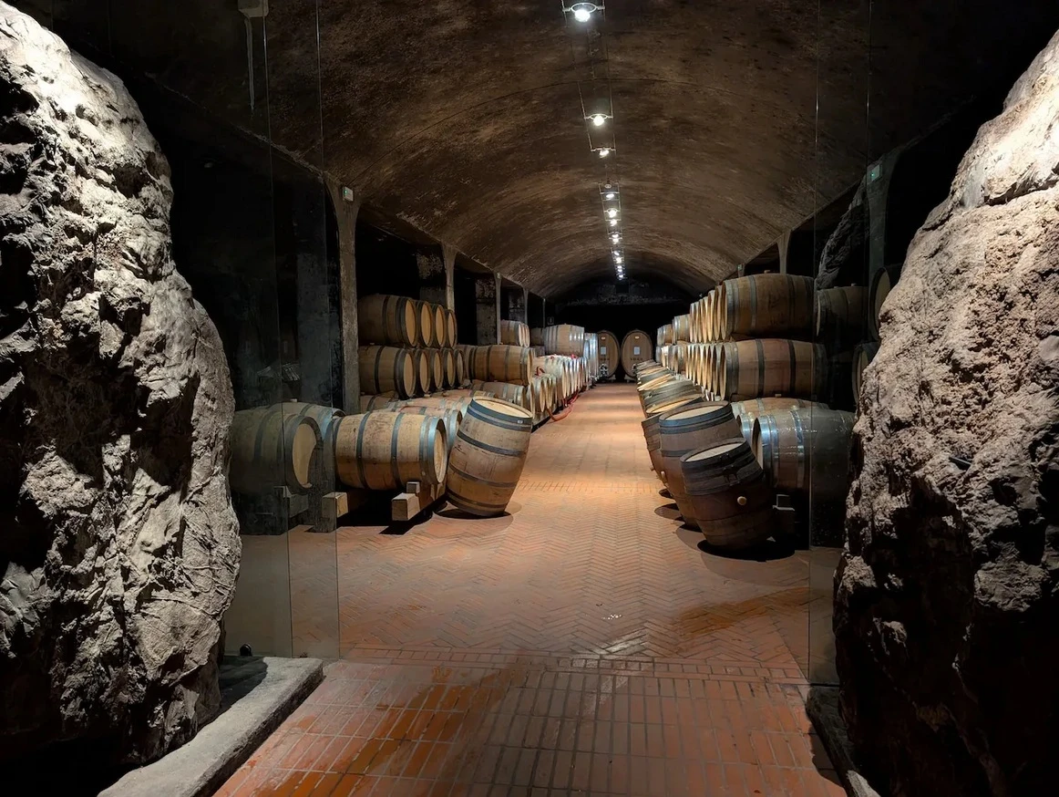 Large casks in a quiet aging cellar at Isole e Olena