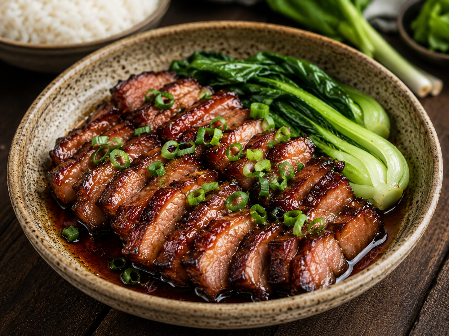 Char siu pork with greens and rice