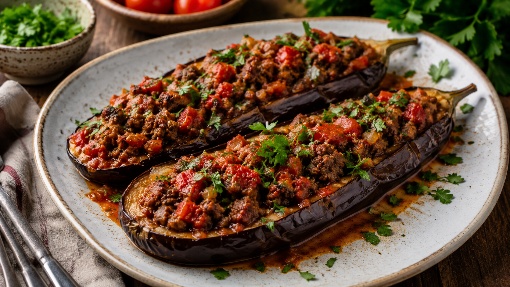 Turkish stuffed eggplant with spiced beef and tomato