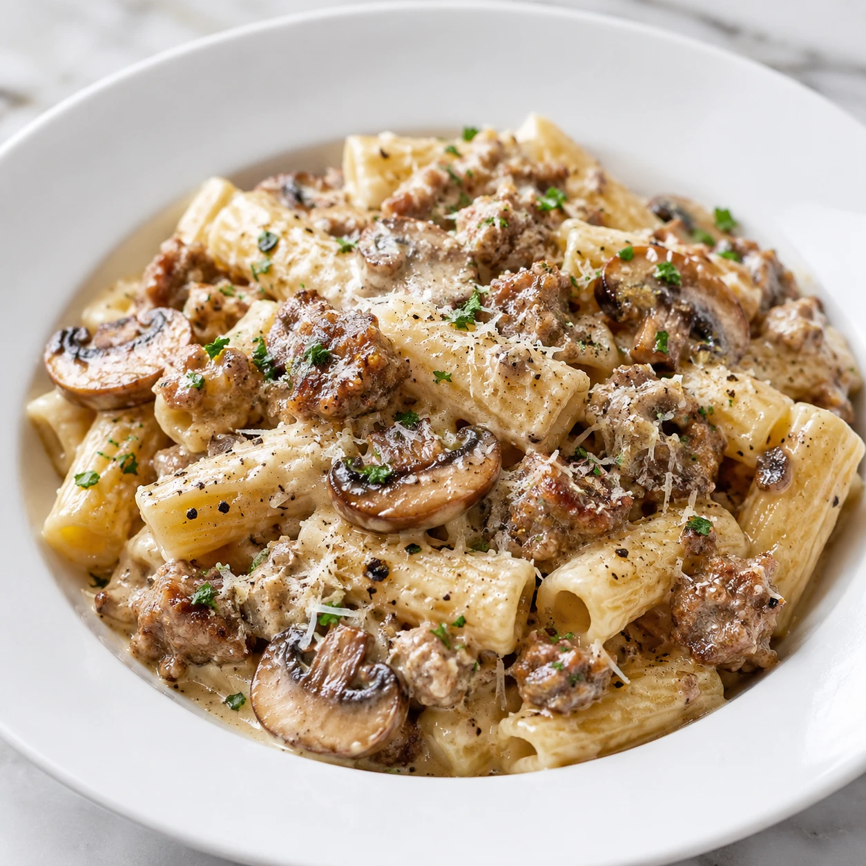 Creamy sausage mushroom rigatoni