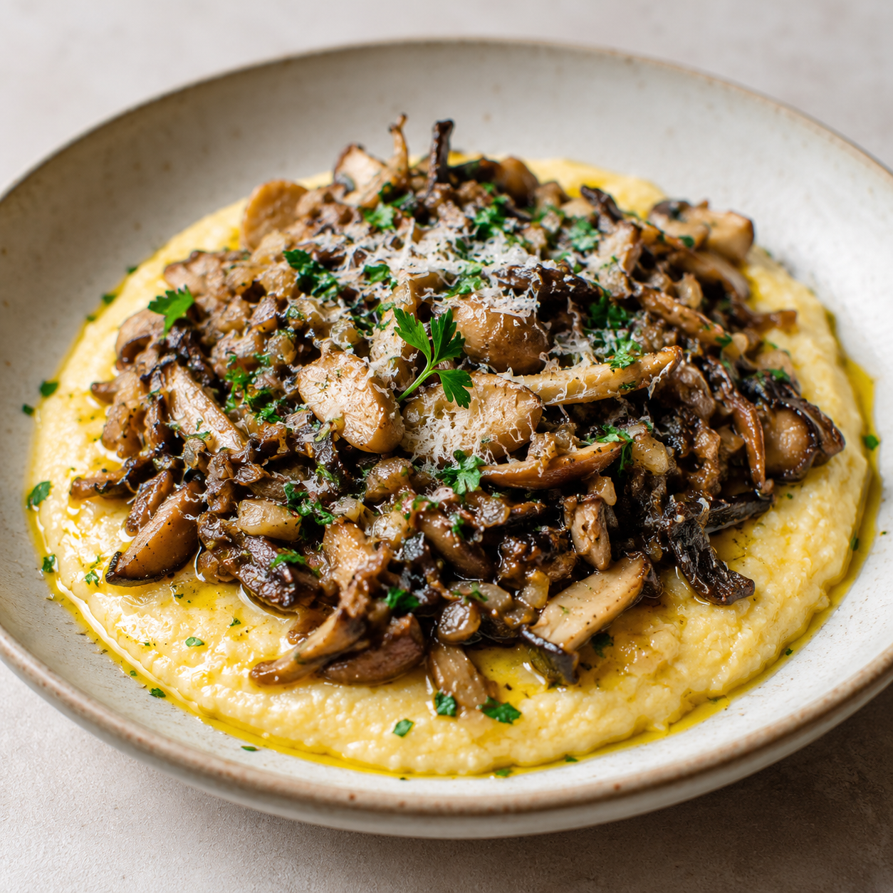 Creamy polenta with saut&eacute;ed mushrooms for Markus Nicolini Ranch pairing
