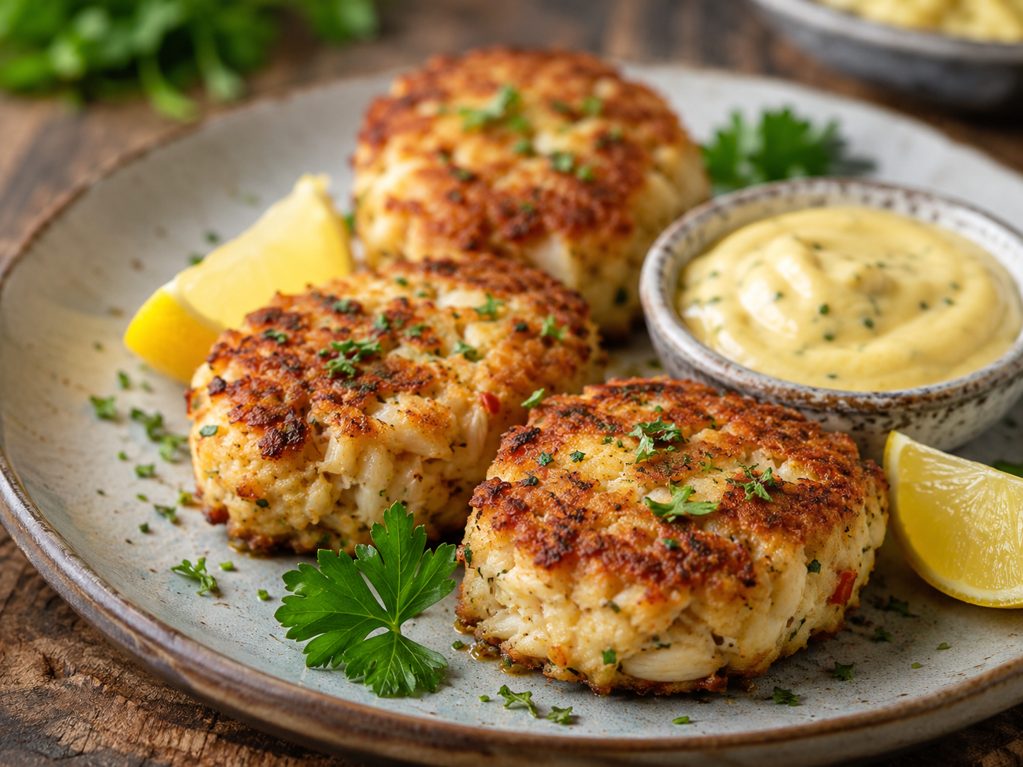Crispy crab cakes with herb garnish and lemon aioli