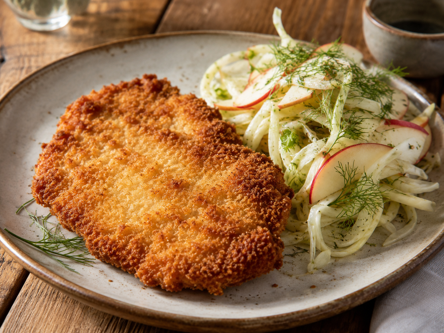 Crispy pork schnitzel with apple and fennel slaw