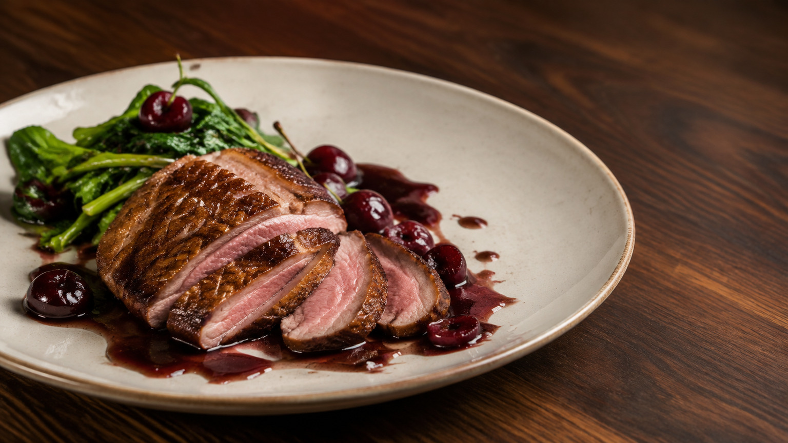 Pan-seared duck breast with fresh cherry and red-wine sauce