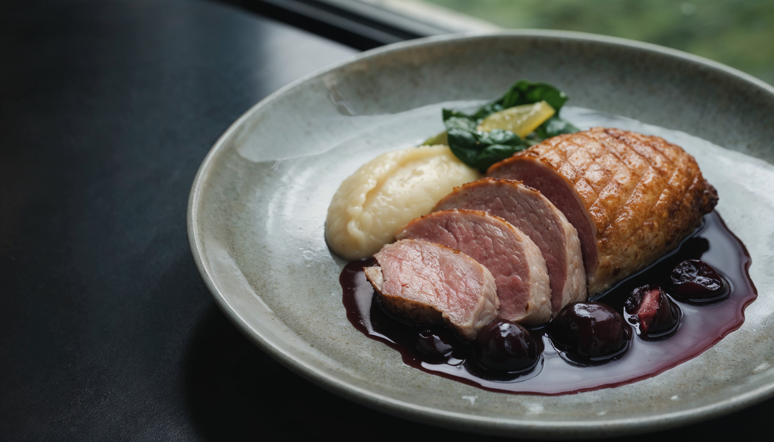 Sliced duck breast with fresh cherries, puree and greens on a ceramic plate