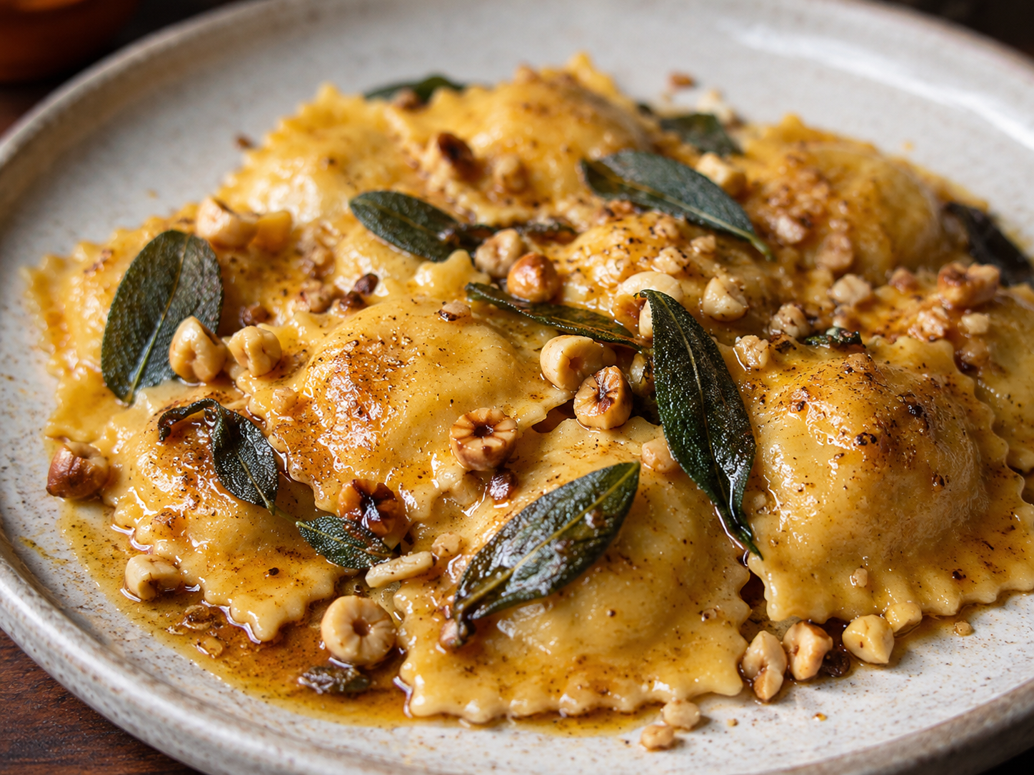 Butternut squash ravioli with hazelnut, fried sage and brown butter