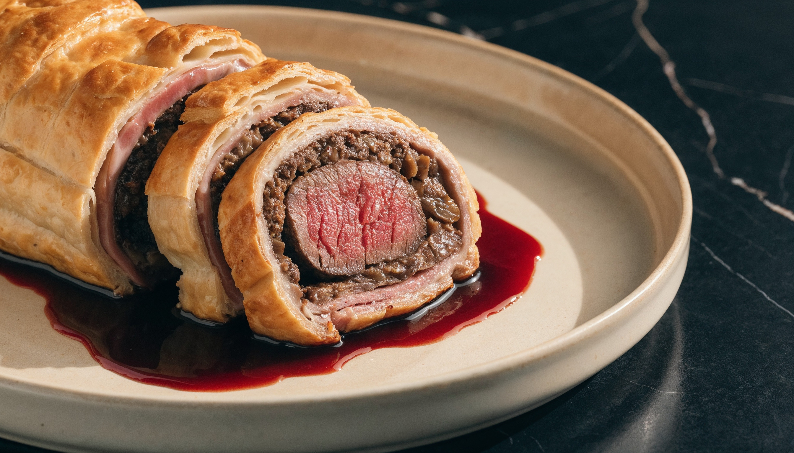 Sliced Beef Wellington with mushroom duxelles and red wine sauce on a ceramic platter