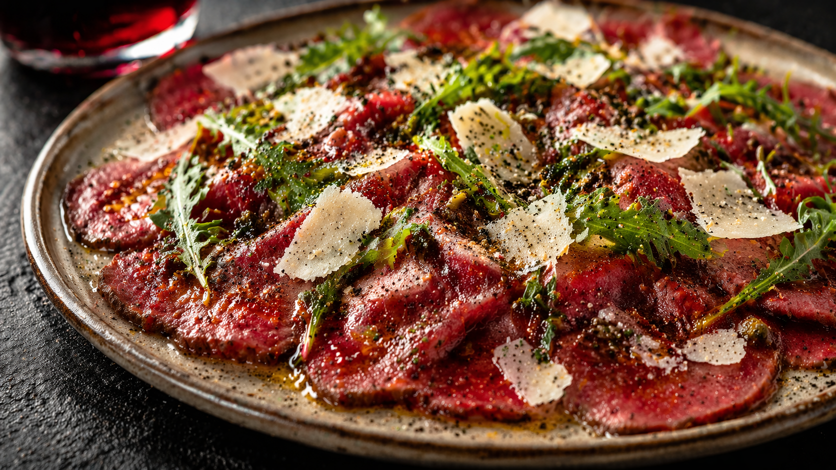 Beef carpaccio with cheese and arugula