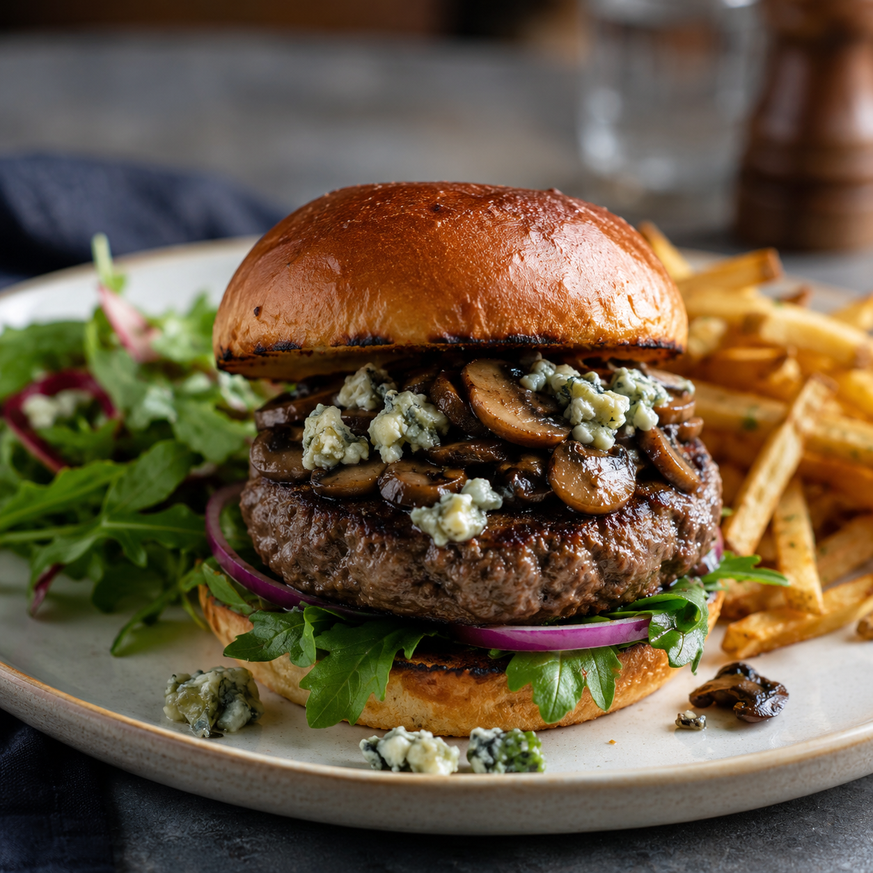 Gourmet blue cheese burger with fries and greens