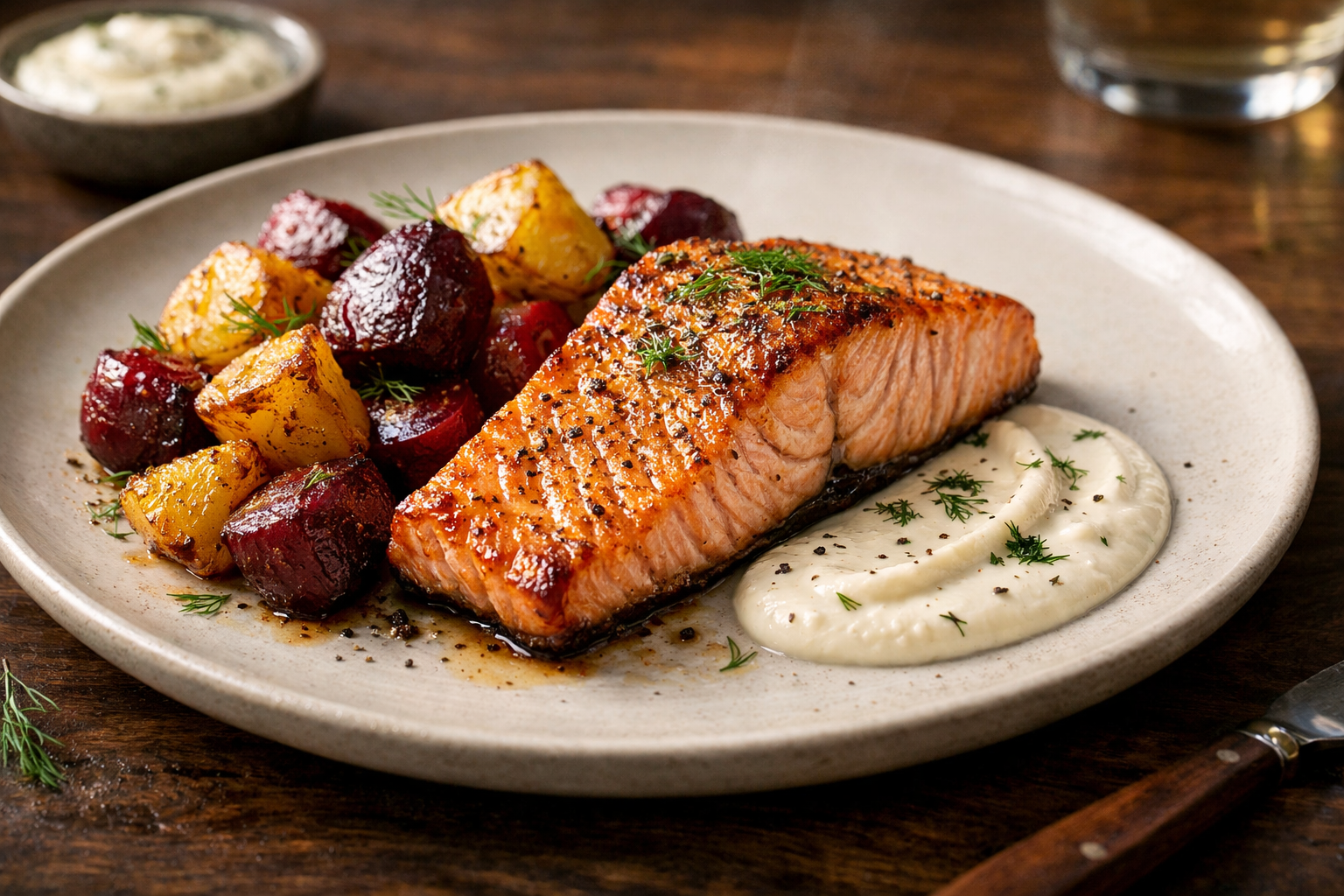 Roasted Salmon, Beets, and Potatoes with Horseradish Cream, food pairing image