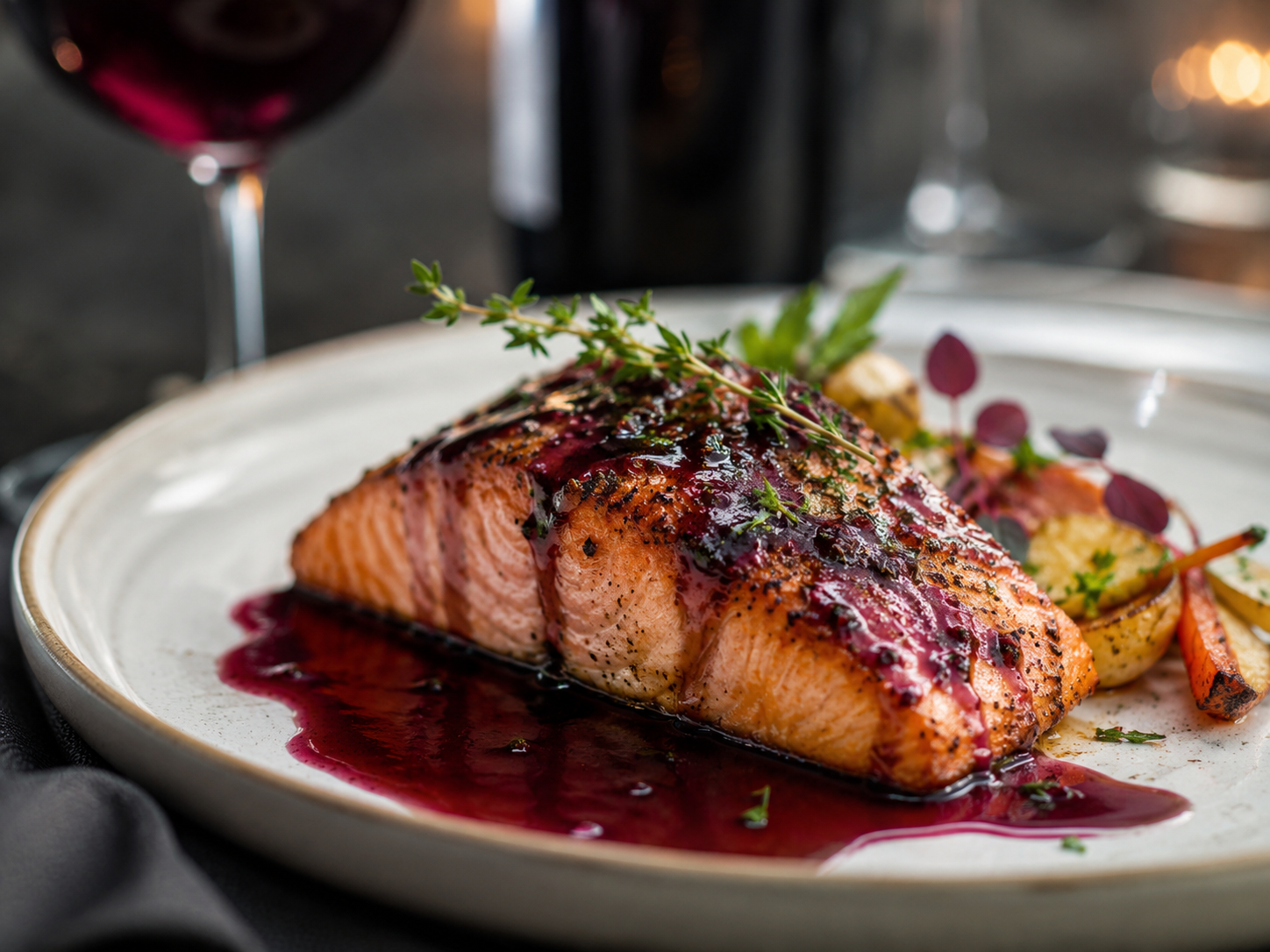 Herb-roasted salmon with Pinot Noir sauce