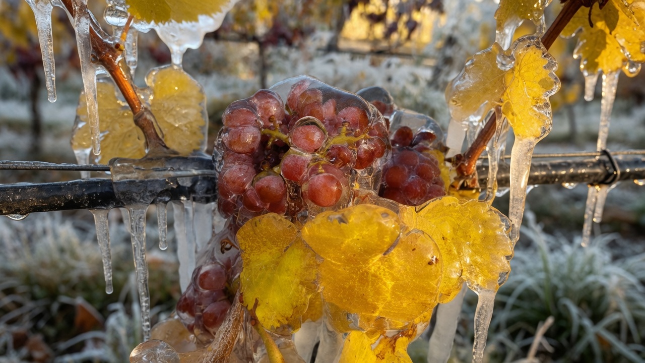 Otronia grape clusters protected beneath ice during a Patagonian frost