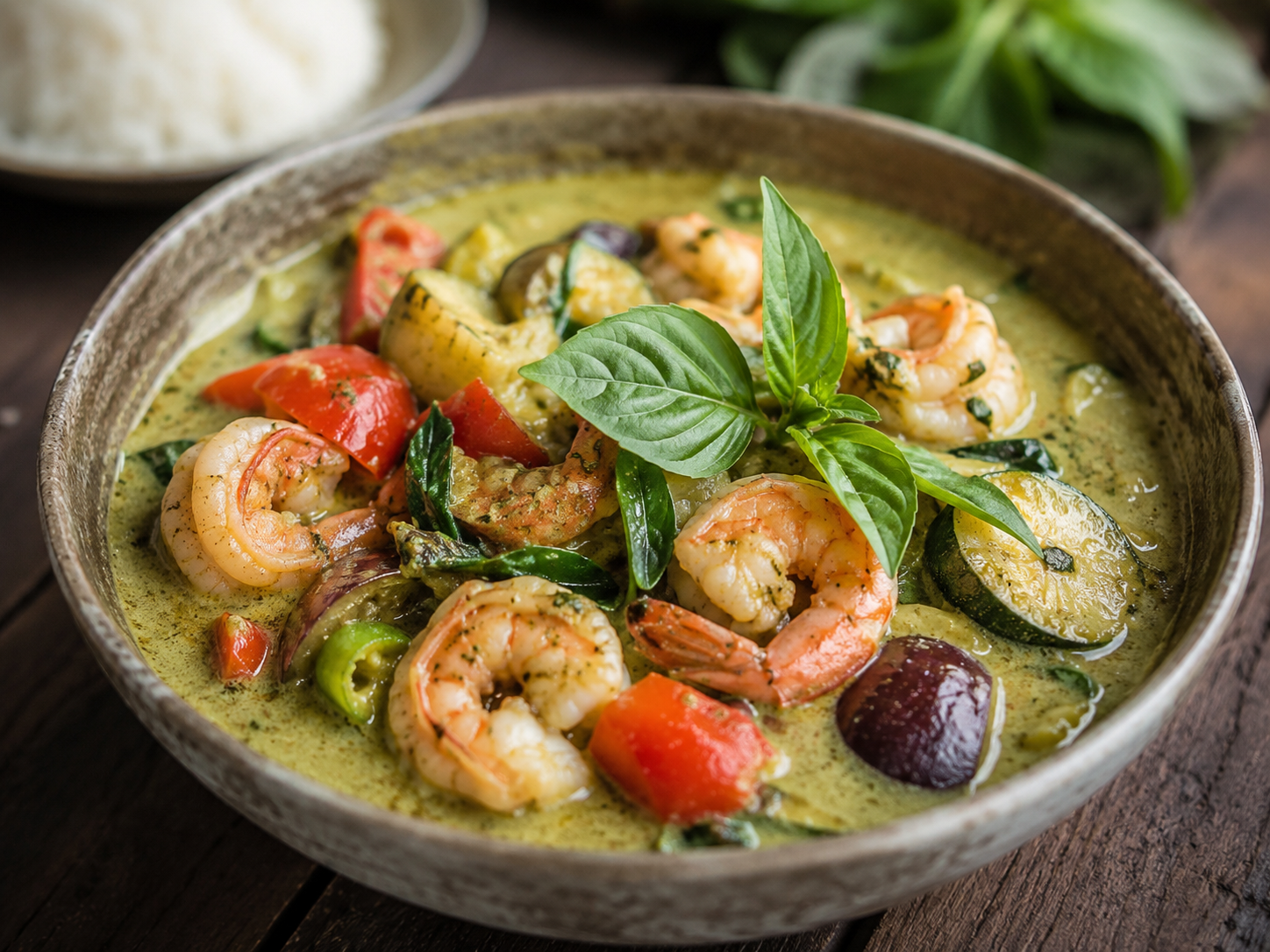 Thai green curry with shrimp and vegetables