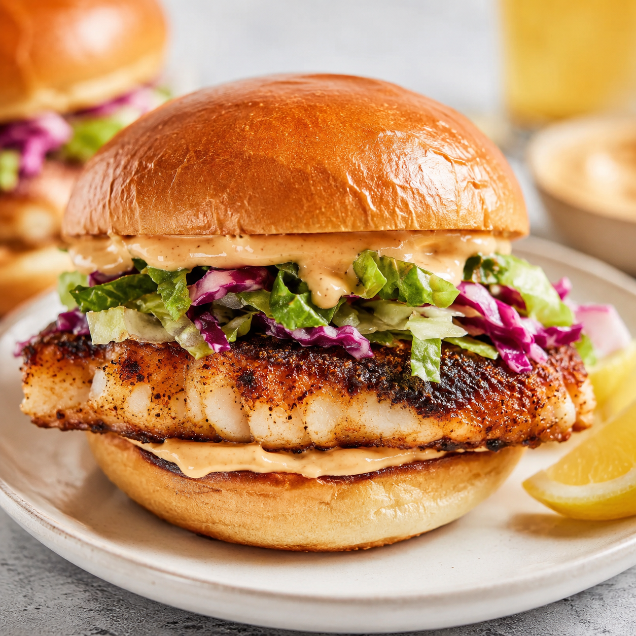 Grilled blackened fish sandwich with creamy slaw
