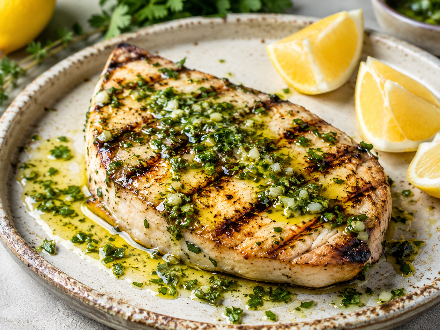 Grilled swordfish with herb sauce