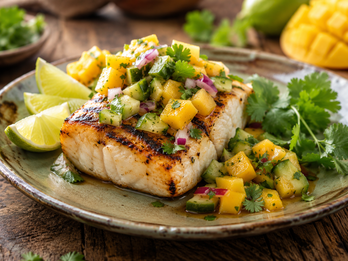 Grilled halibut with mango salsa