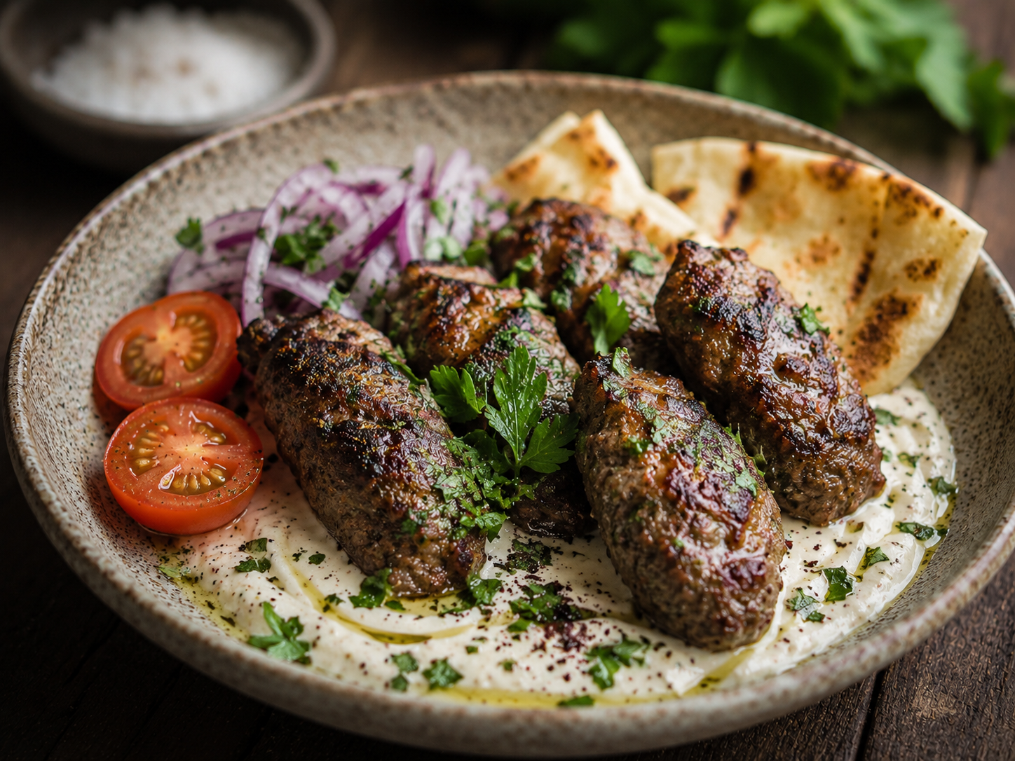 Grilled lamb koftas with creamy yogurt sauce