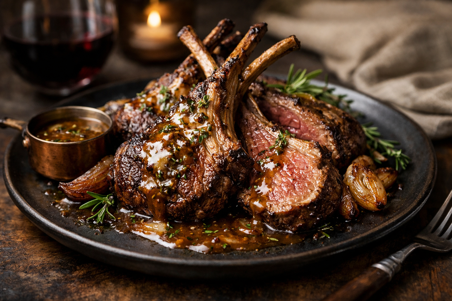 Grilled lamb chops with a rich sauce