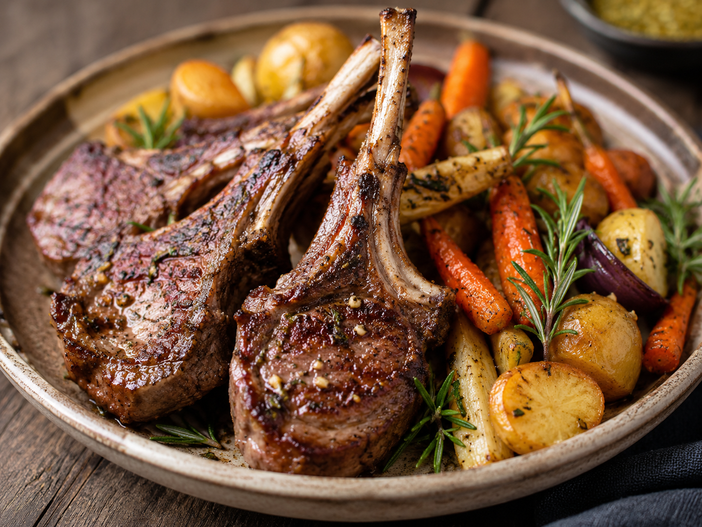 Rosemary-garlic lamb chops with roasted vegetables