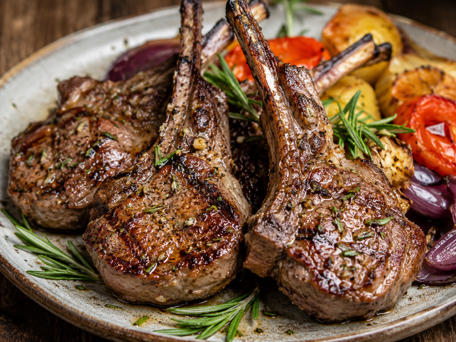 Garlic rosemary grilled lamb chops with roasted vegetables