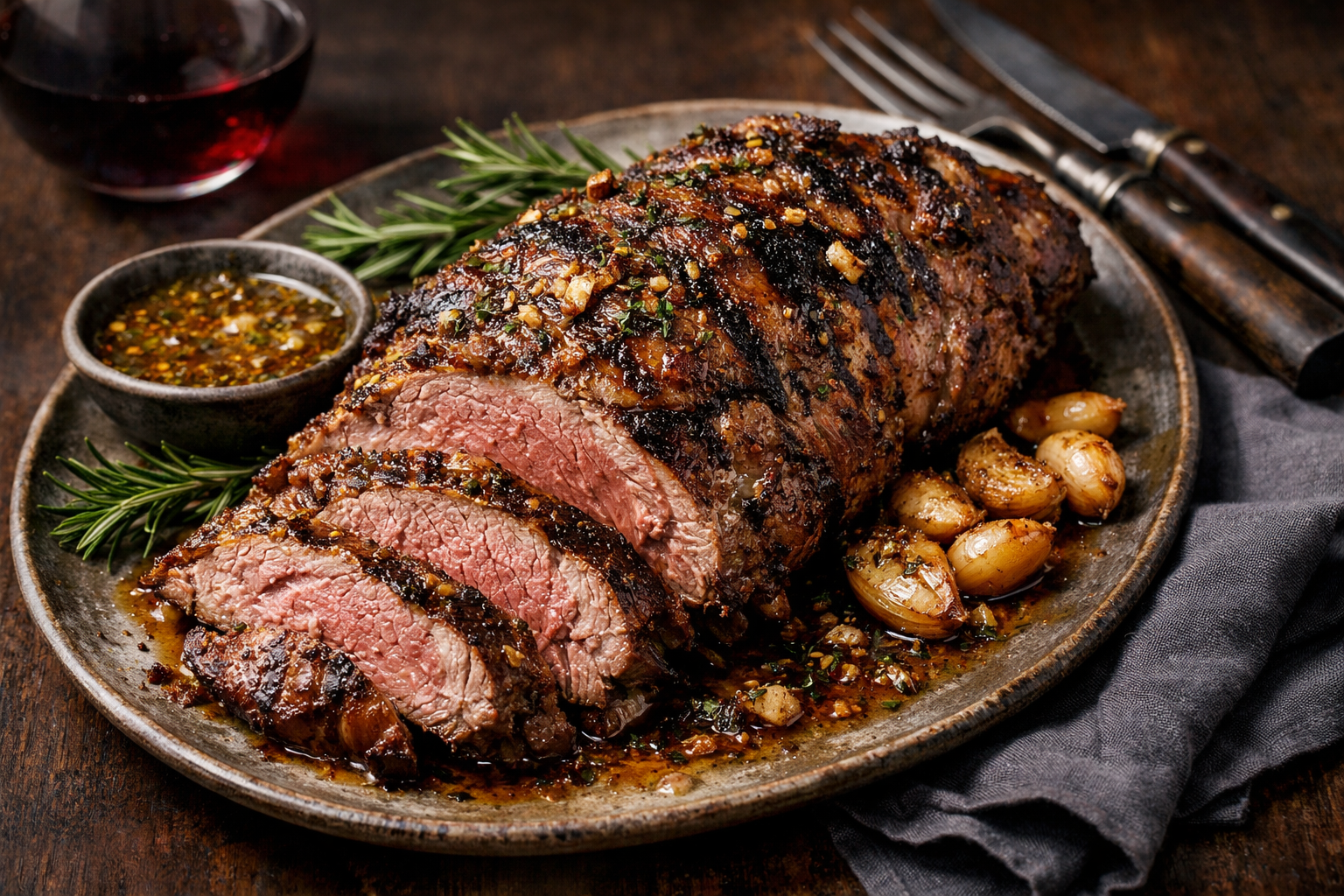 Grilled leg of lamb with garlic and rosemary