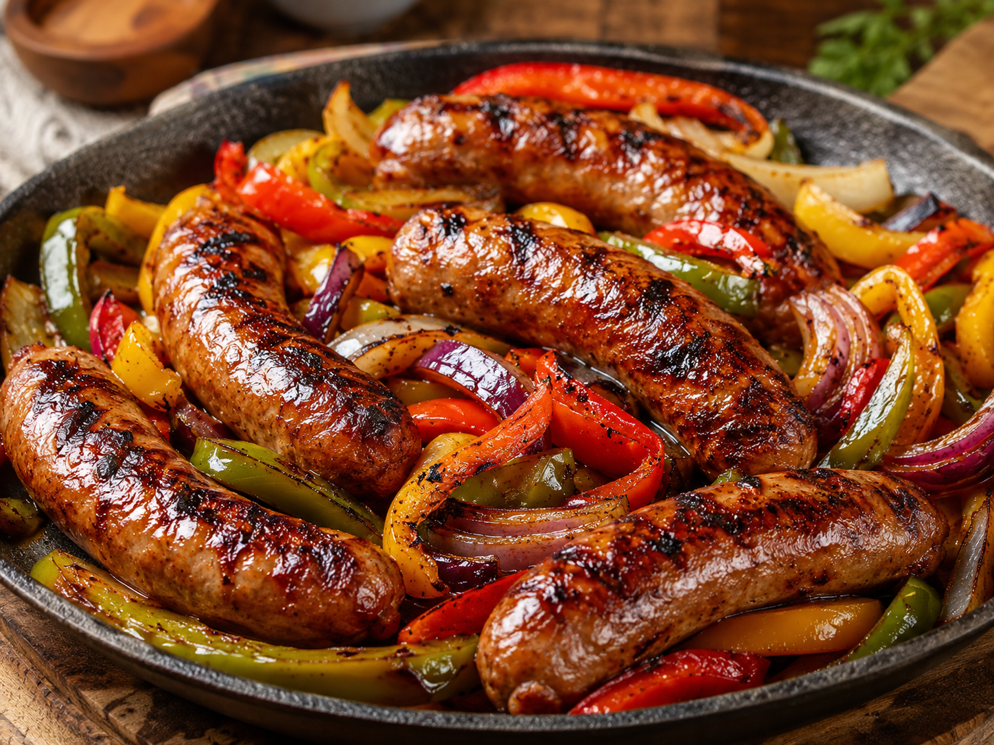 Grilled Italian sausages with colorful peppers pairing for Belledor Primitivo