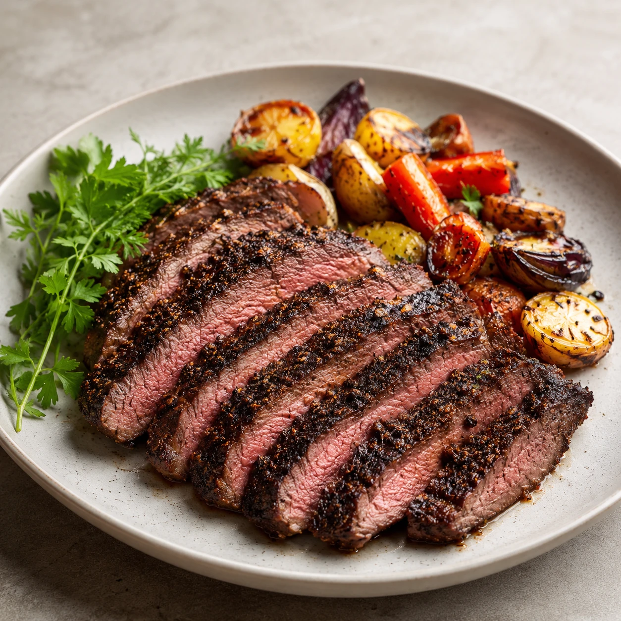 Coffee-rubbed flank steak with roasted vegetables