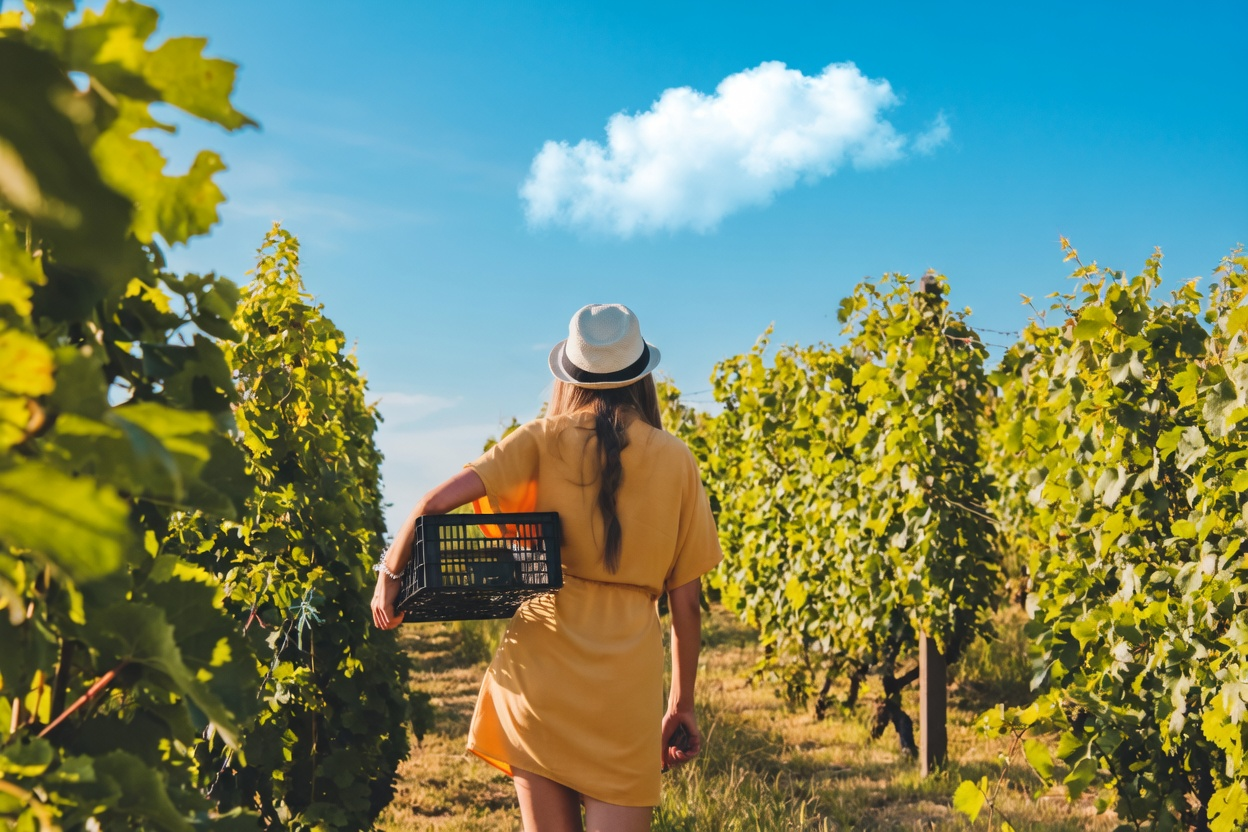 Vineyard worker carrying fruit through rows