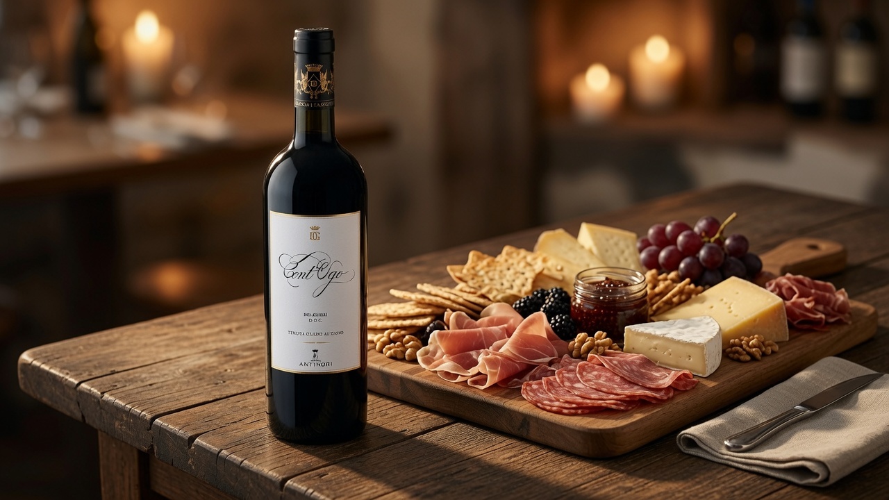 Cont Ugo bottle on a rustic Tuscan table with charcuterie and cheese