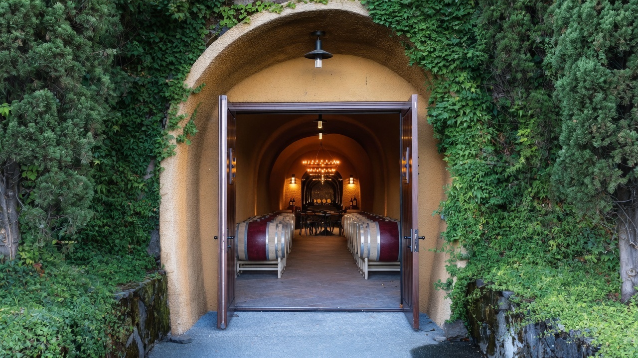 Wine cellar entrance with barrels