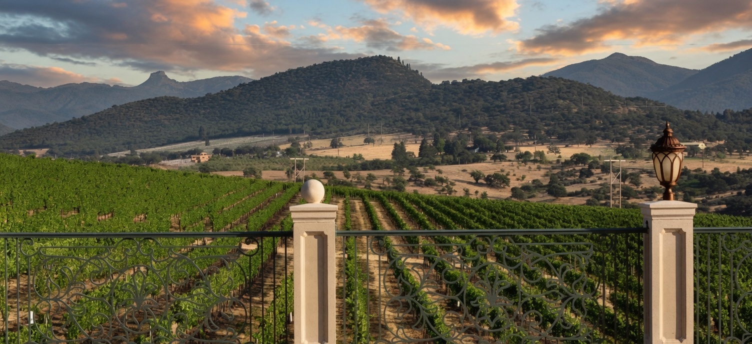 Glass of dark California Primitivo with warm dinner-table atmosphere