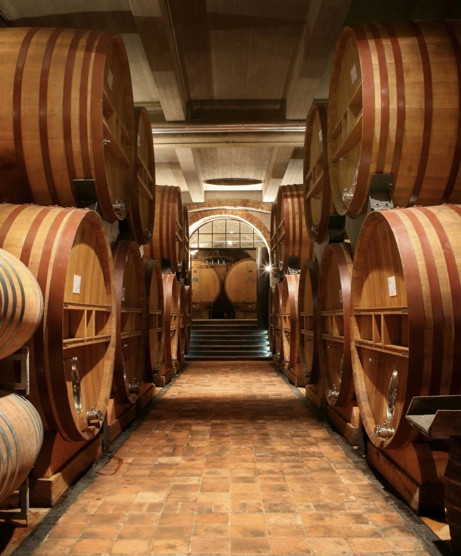 Large oak casks in a Piedmont cellar